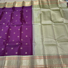 Vaibhogam -Deep Purple with Elakka Green in Kai Korvai Buttas Kanjivaram Silk Saree with beautiful diamonds and rudrakshas woven body intricate thambalam motifs woven borders rich pallu and contrast woven blouse