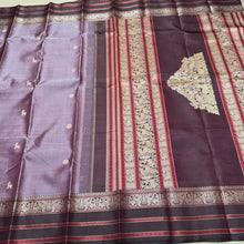 Premium Zariless Weave- Mauve with Brown Handwoven Pure Zariless Kanchipuram Silk Saree with 5 different buttas woven body rich borders gorgeous Sorgavaasal inspired pallu and contrast woven blouse