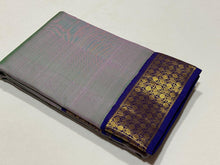 Dual tone Lavenderish Green with Blue Korvai with Rudraksha Borders Handwoven Pure Kanjivaram Silk Saree Beauty