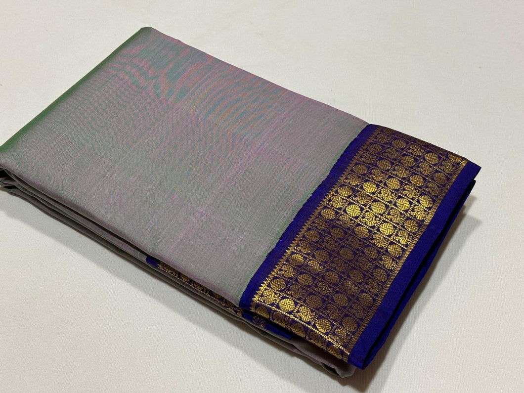 Dual tone Lavenderish Green with Blue Korvai with Rudraksha Borders Handwoven Pure Kanjivaram Silk Saree Beauty