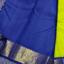 Vaibhogam- Stunning Parrot Green with MS Blue Handwoven Pure Jari Korvai Kanjivaram Silk with Bird buttas woven body with rich borders pallu and contrast woven blouse