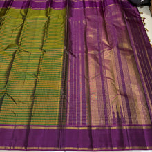 Sahana- Gorgeous Green and Mustard Handwoven Pure Jari Kanjivaram with multichecks kottadi Jari Podikattam with beautiful borders rich pallu and contrast woven wine blouse