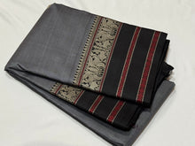 Premium Zariless Weave- Grey with Black Handwoven Pure Zariless Kanchipuram Silk with Deer Rudrkasham Peacock 5 different buttas woven body with rich borders Sorgavasal Pallu and Contrast woven blouse beauty