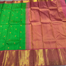 Bright Parrot Green with Coral Pink Handwoven Pure Jari Korvai Kanjivaram Silk Saree with Buttas woven body rich borders pallu and contrast woven blouse beauty