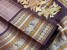 Light Brown with Dark Brown Checks with Sorgavasal Pallu Varisai Borders Handwoven Pure Zariless Kanchipuram Silk Saree Beauty