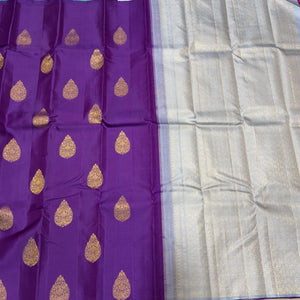 Purple with Greyish Blue Borderless muthukattam with buttas Handwoven Pure Jari Kanjivaram Silk Saree Beauty