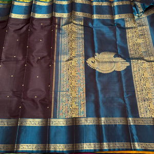 Deep Beetlenut Brown with Teal Blue Buttas with Doublepet Borders Handwoven Pure Jari Kanchipuram Silk Saree with Single Peacock Pallu Beauty
