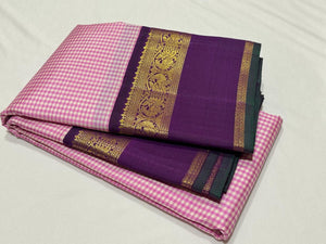 Pink and Purple Checks Handwoven Pure Jari Korvai Kanjivaram Silk Saree Beauty