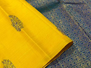 Bright Yellow with Peacock Blue Partly Pallu Handwoven Pure Jari Kanjivaram Silk Saree Meenakari buttas Beauty