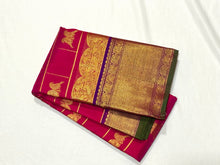 Dual tone Rani Pink with Purple in a rich Handwoven Pure Kanjivaram Silk Saree with Doubleparrots woven in jari checked body beautiful borders pallu and contrast woven blouse