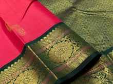 Dual tone Tomato Pink with Bottle Green Buttas Handwoven Pure Jari Korvai Kanjivaram Silk Saree Beauty