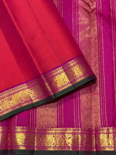 Nayaki- Orange with Pink Handwoven Pure Jari Kanjivaram Silk with Small borders with green selvedges with rich seer pallu and contrast woven blouse