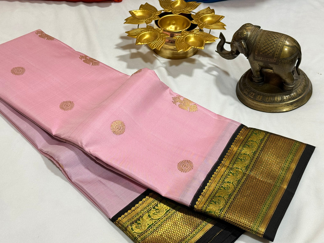 Soft Pink with Black Handwoven Pure Jari Korvai Kanjivaram Silk Saree Beauty