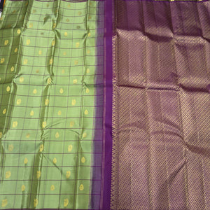 Pastel Green with Purple 1000 Buttas Borderless Handwoven Pure Jari Kanjivaram Silk Saree Beauty