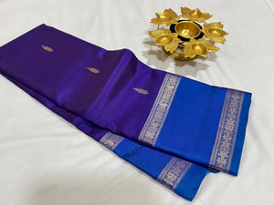 Violetish Blue with Lapis Blue Handwoven Pure Korvai Kanjivaram Silk Saree with Buttas Body Doublepet Borders rich Simhayazhi Pallu and Contrast Blouse