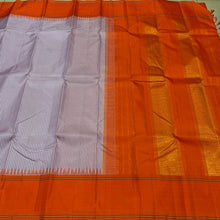 Sarasangi- Gorgeous Lavendar with Orange Handwoven Pure Jari Korvai Kanjivaram Silk with Kasakasa Podikattam woven body with temples woven borders rich jari woven seer pallu and contrast woven blouse