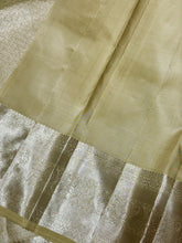 Pastel Green Tinted Cream with Silver Jari Buttas Handwoven Pure Kanjivaram Silk Saree with rich borders pallu and self colored blouse beauty
