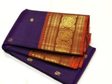 Sahana- Gorgeous Deep Purple with Rust Buttas Handwoven Pure Kanjivaram Silk with beautiful buttas woven body rich borders gorgeous pallu and contrast woven blouse