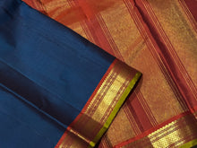 Deep Sapphire Blue with Burnt Orange Small Borders Handwoven Pure Jari Kanjivaram Silk Saree Beauty