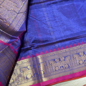 Light Royal Blue with Pink 1000 Buttas Handwoven Premium Pure Kanjivaram Silkcotton Saree Beauty