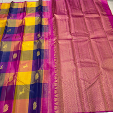 Saranga- Gorgeous Palum Pazhamum Multichecks Handwoven Pure Jari Kanjivaram Silk with Vairaoosi with buttas woven beautiful body with rich pallu and contrast woven beautiful pink blouse