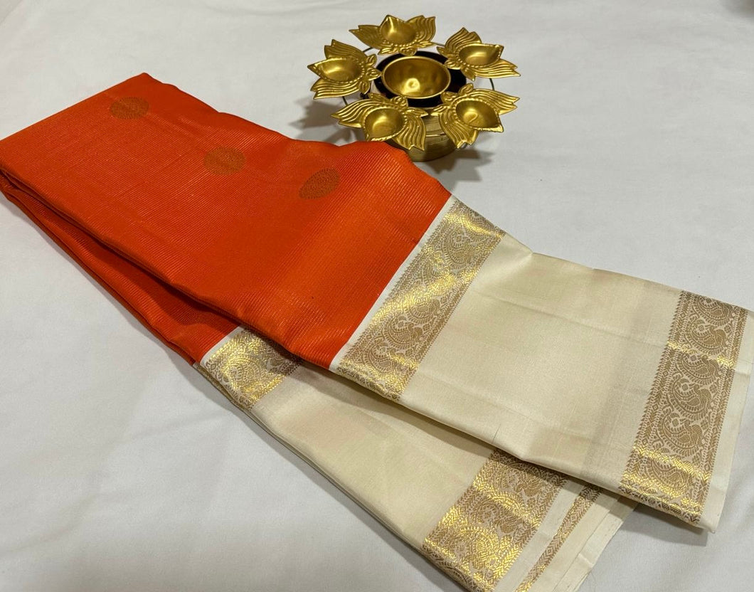 Orange with Offwhite Vairaoosi with Buttas Handwoven Pure Jari Korvai Kanjivaram Silk Saree Doublepet Borders Beauty