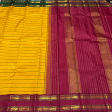 Vaibhogam- Gorgeous Yellow with Green and Arakku Red Ganga Jamuna Bordered Handwoven Pure Jari Korvai Kanjivaram Silk with neliveldhari woven beautiful body with rich rettapet borders gorgeous seer pallu and contrast woven blouse