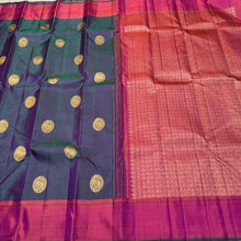 Dual tone Green Short with Orange Buttas Handwoven Pure Jari Kanjivaram Silk Saree with rich pallu and contrast woven blouse