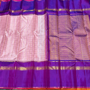 Soft Pink with Purple Handwoven Pure Jari Korvai with Jari Checks and Jacquard Buttas with Long Doublepet Borders Kanjivaram Silk Saree Beauty