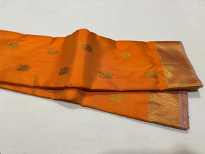 Orange with Lavender short Peach buttas with Araimadam Borders Handwoven Pure Jari Kanjivaram Silk Saree Beauty