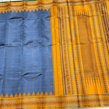 Elephant Grey with Mustard Zariless Handwoven Pure Korvai Kanjivaram Silk Saree buttas with temple borders