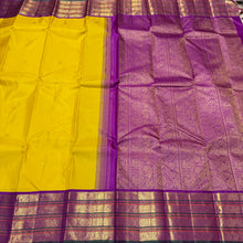 Vaibhogam-Gorgeous Lemon Yellow with Vadamalli Purple Handwoven Pure Jari Korvai with Mayil Chakram Buttas woven beautiful body rich varisaipet borders stunningly beautiful rich and finely woven pallu with contrast woven blouse