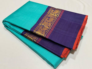 Turquoise Blue with Navy Blue Handwoven Pure Jari Korvai Kanjivaram Silk Saree Beauty