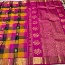 Sahana- Stunning Palum Pazhamum Multichecks with Gandaberund Buttas Handwoven Pure Jari Kanjivaram Silk with rich borders pallu and contrast woven jari striped pink blouse