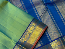 Pastel Green with Peacock Blue Handwoven Pure Jari Kanjivaram Silk Saree with beautiful borders rust selvedges rich pallu and contrast woven blouse
