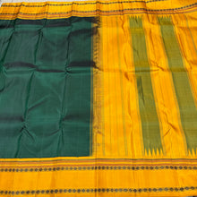 Premium Zariless Weave- Bottle Green with Yellow Handwoven Pure Zariless Korvai Kanjivaram Silk with Rudrakshaper Borders classic rekku pallu and contrast woven blouse beauty