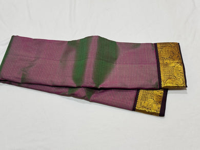 Dual tone Grape with Green with Brown Handwoven Pure Jari Korvai Variaoosi Kanjivaram Silk Sarees Beauty
