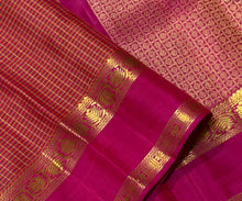 Sahana- Vintage Style Handwoven Pure 2g Jari Kanjivaram Silk in a beautiful Kasakasa Podikattam with Kottadi Jari Lines in beautiful mustard green pink shades with rich rettapet borders gorgeous pallu and contrast woven blouse