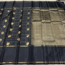 Sahana- Stunning Black with Gold Handwoven Pure Jari Kanjivaram Silk with beautiful 1000 buttas style woven checked body with mayil chakram buttas with beautiful rettapet bodi borders rich pallu and self colored checked blouse