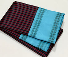 Saraswati- Gorgeous Deep Maroon and Black with Sky Blue Premium Zariless Handwoven Pure Korvai Kanjivaram Silk Saree with beautiful striped body lovely rettapet rudrakshas woven borders rich classic seer pallu and contrast woven blouse
