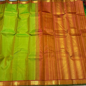 Parrot Green Orange Mustard Handwoven Pure Kanchipuram Silk Saree