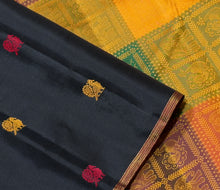 Saranga- Beautiful Black with Multichecks Handwoven Pure 2g Jari Kanjivaram Silk with silk thread buttas woven body with small jari borders rich bomkai pallu and contrast palum pazhamum checked blouse