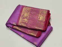 Lilac with Onion Pink Handwoven Pure Jari Kanjivaram Silk Saree with Silver Mayil Chakram motifs in body and rich borders in golden jari with beautiful pallu and contrast woven blouse
