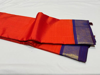 Orange with Violetish Blue Handwoven Pure Jari Korvai Kanjivaram Silk Saree Beauty
