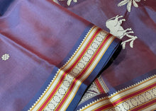 Dual tone brownish Purple Buttas with Pichwai Pallu Handwoven Pure Zariless Kanchipuram Silk Saree Beauty- unique color
