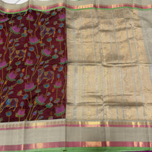 Deep Maroon with Elaichi Shade Handwoven Pure Korvai Kanjivaram Silkcotton with Hand Pichwai Block Printed Beauty