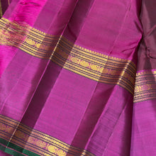 Sahana- Gorgeous Coffee Brown with Dark Magenta Handwoven Pure 2g Jari Kanjivaram Silk with Mallimoggu buttas woven body with beautiful rettapet borders with green selvedges rich seer pallu and contrast woven blouse