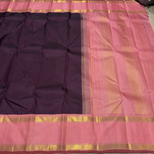 Sarasangi- Stunning Beetlenut Brown with Peachish Pink Handwoven Pure Jari Korvai Kanjivaram Silk with Classic Doublepet borders rich pallu and contrast woven blouse