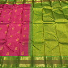Deep Flamingo Pink with Leaf Green Korvai with Buttas Handwoven Pure Jari Kanjivaram Silk Saree with gorgeous meenakari borders rich pallu and contrast woven blouse beauty