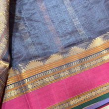 Intricate Grey with Pink 1000 Buttas Handwoven Premium Kanjivaram Silkcotton Saree Beauty Gandaberunda Mayil Chakram in different thread colors